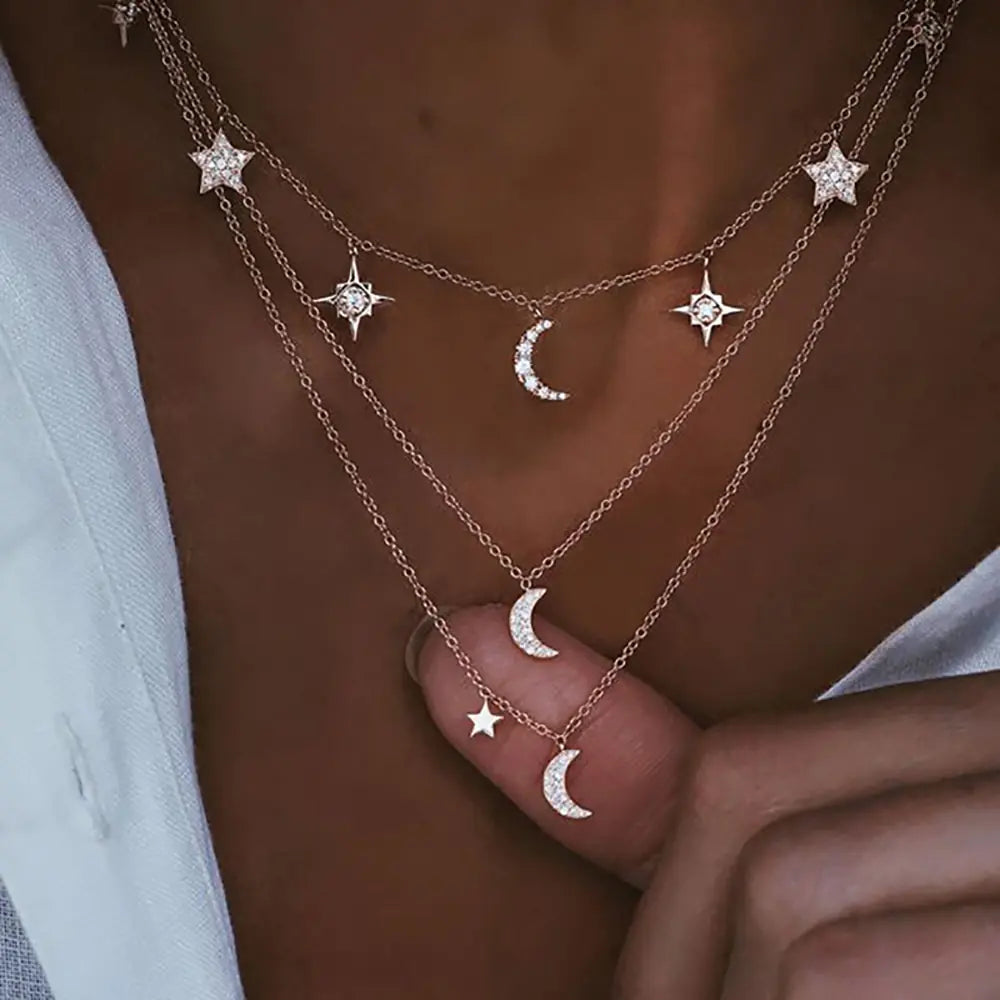 Star & Moon Crystal Pendant Necklace