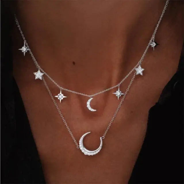 Star & Moon Crystal Pendant Necklace